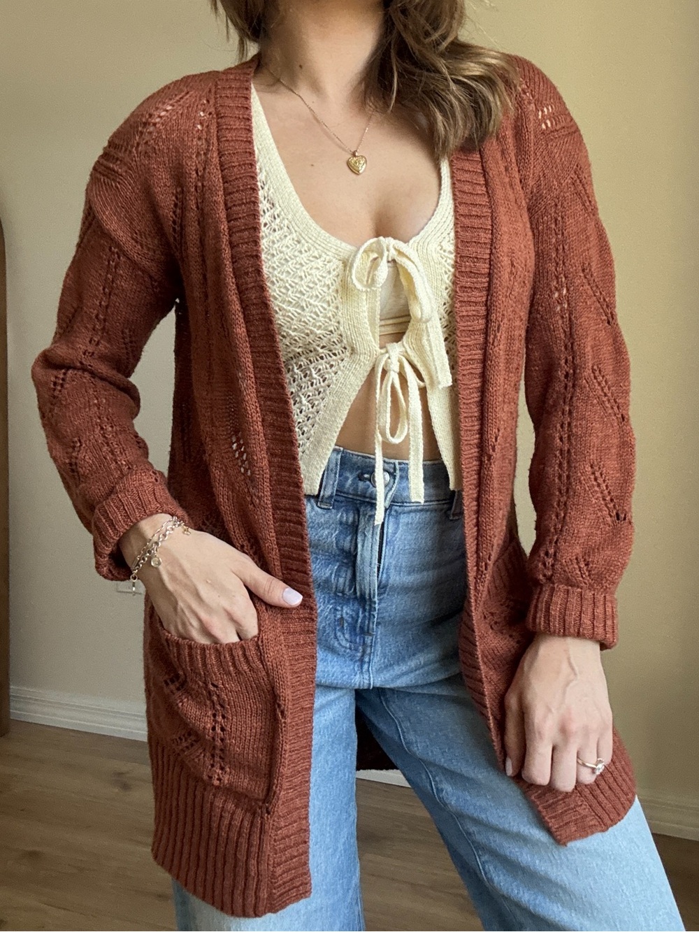 Open-Front Rust Knit Cardigan Sweater